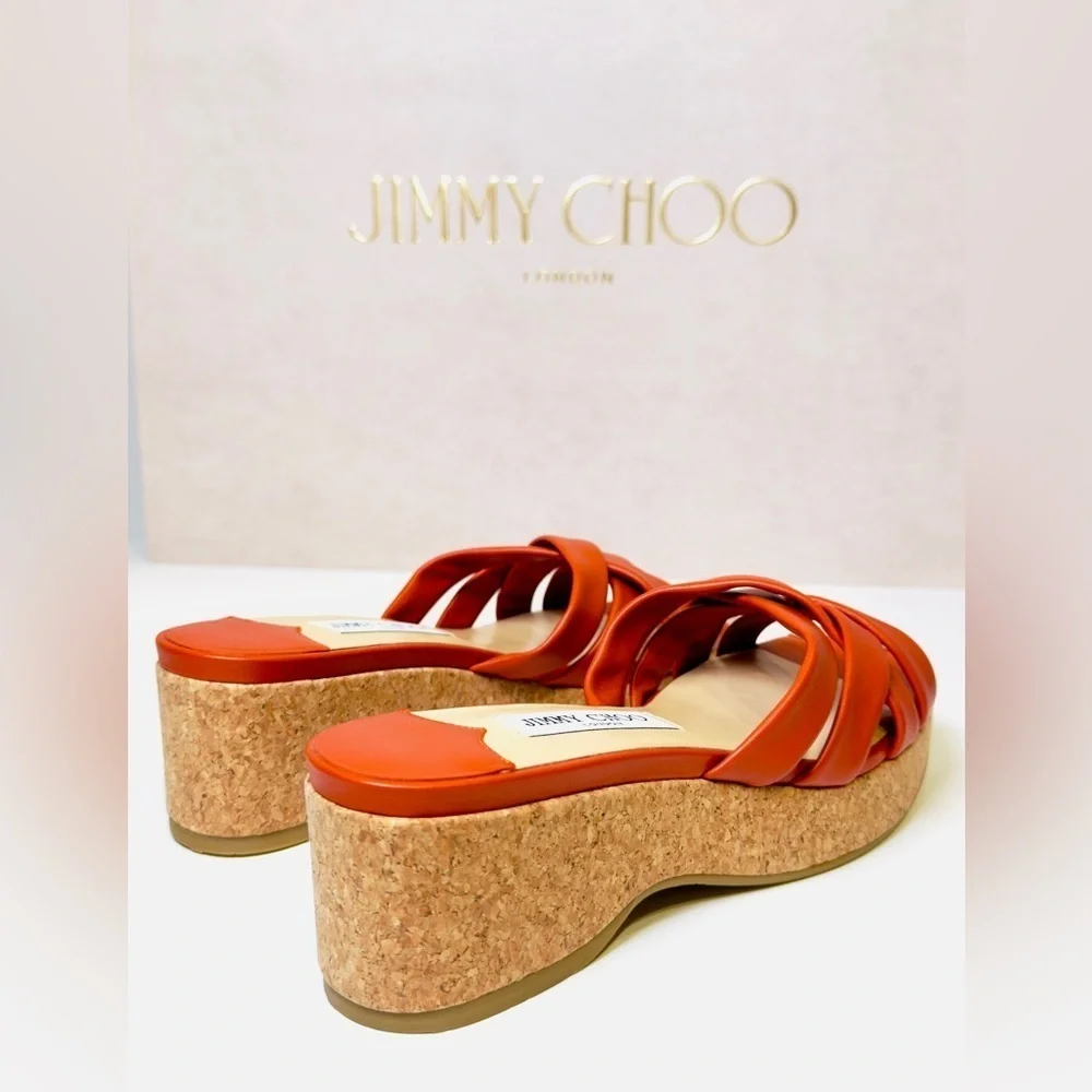 Jimmy Choo Maribou 50 Platform Wedge Slide Sandals Orange Napa Leather Size 38